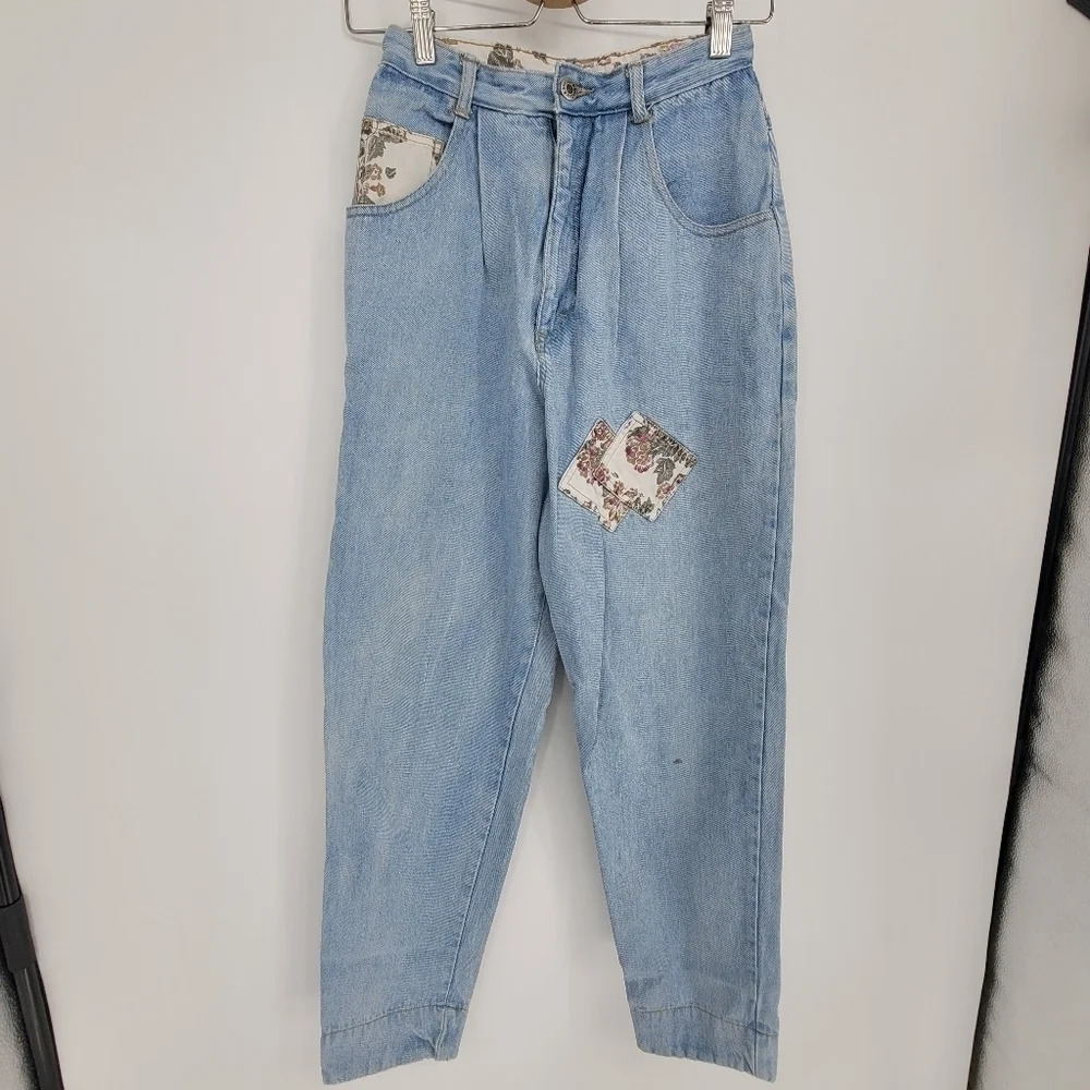 bonjour vintage light denim fabric stitch on patches mom jeans size 7 / 8 - Picture 1 of 9